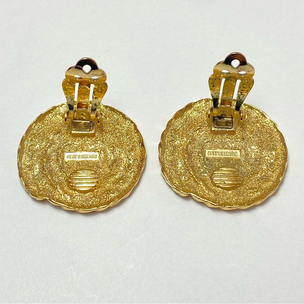 Vintage Large Gold Tone Clip On Earrings Richelieu Round Twist Rope Spiral Disk - Picture 3 of 8